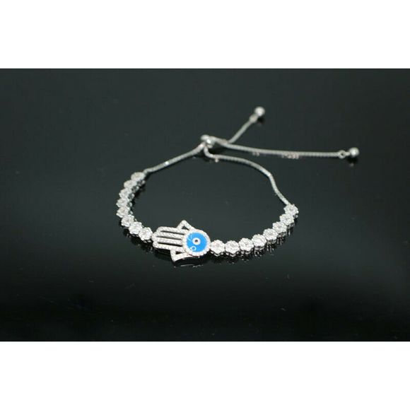 Hamsa Hand Bracelet 925 Silver Micro Pave Fatima - Picture 2 of 4